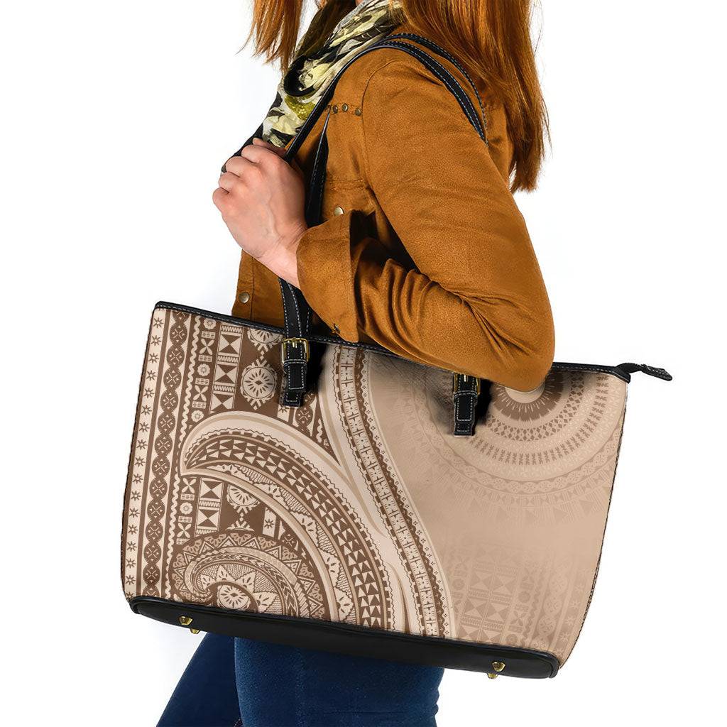 Bula Fiji Vintage Tapa Leather Tote Bag Kaivity Masi Wave Motifs - Mocha LT7 Beige - Polynesian Pride