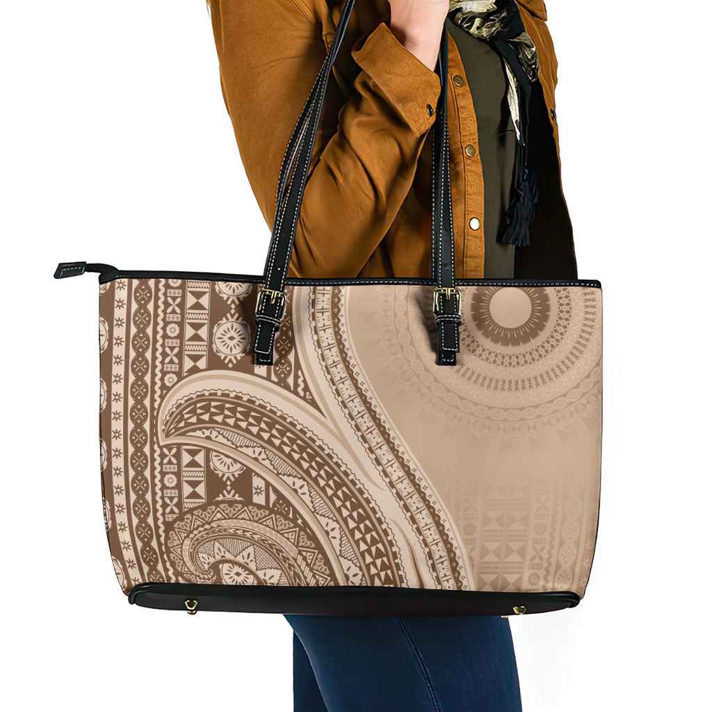 Bula Fiji Vintage Tapa Leather Tote Bag Kaivity Masi Wave Motifs - Mocha LT7 - Polynesian Pride