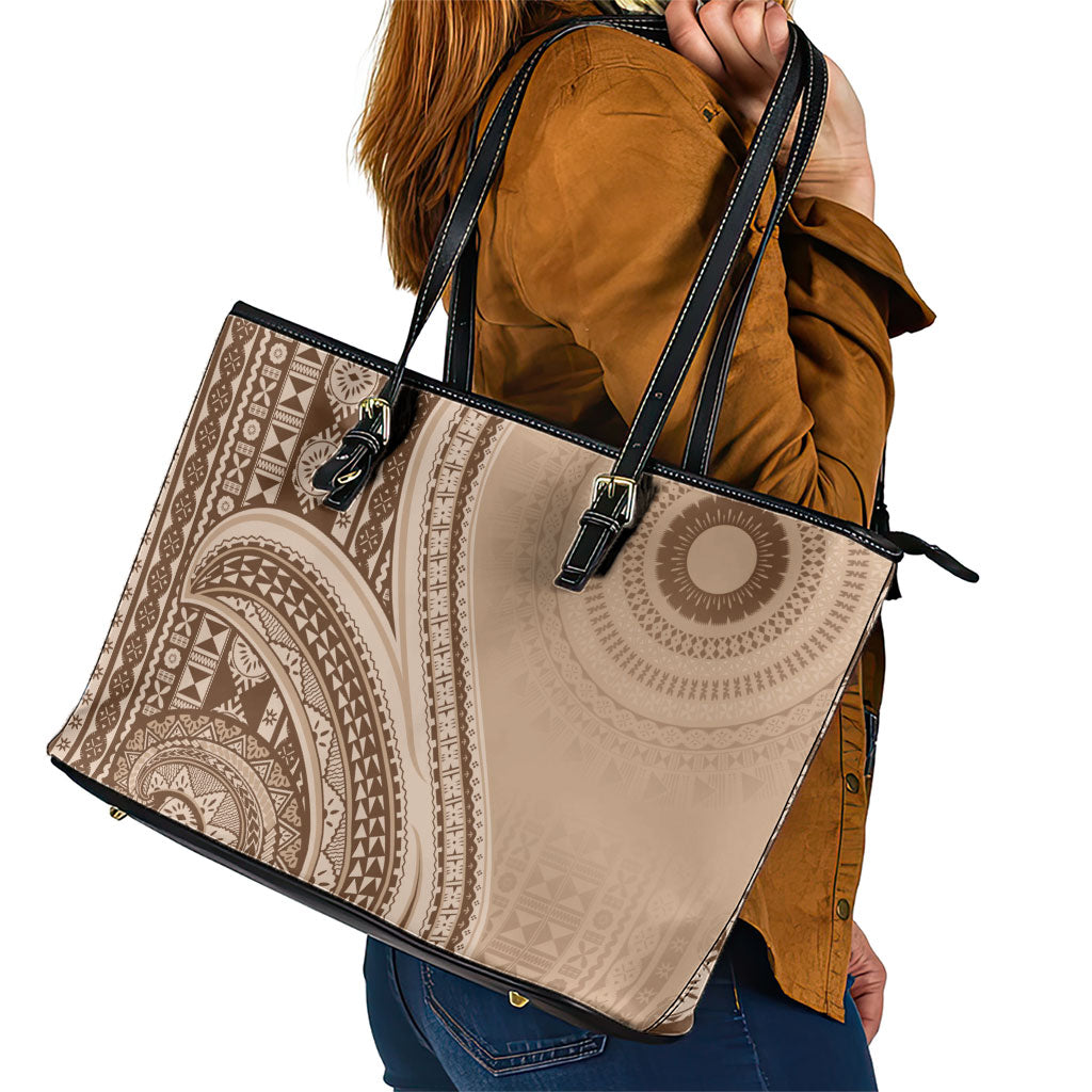 Bula Fiji Vintage Tapa Leather Tote Bag Kaivity Masi Wave Motifs - Mocha LT7 - Polynesian Pride