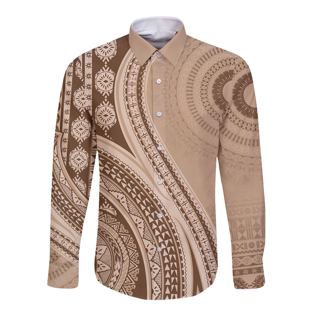 Bula Fiji Vintage Tapa Long Sleeve Button Shirt Kaivity Masi Wave Motifs - Mocha LT7 Unisex Beige - Polynesian Pride
