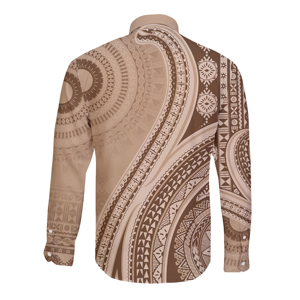 Bula Fiji Vintage Tapa Long Sleeve Button Shirt Kaivity Masi Wave Motifs - Mocha LT7 - Polynesian Pride