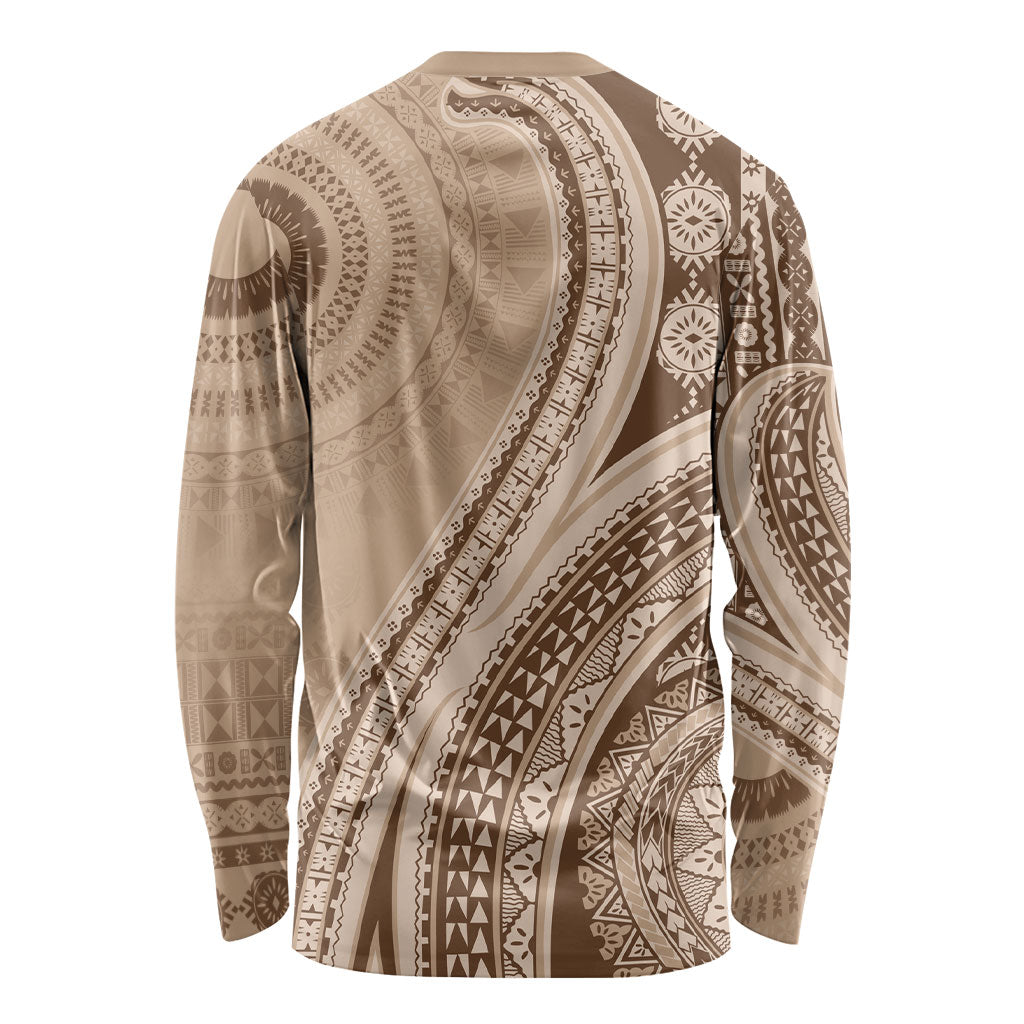 Bula Fiji Vintage Tapa Long Sleeve Shirt Kaivity Masi Wave Motifs - Mocha LT7 - Polynesian Pride