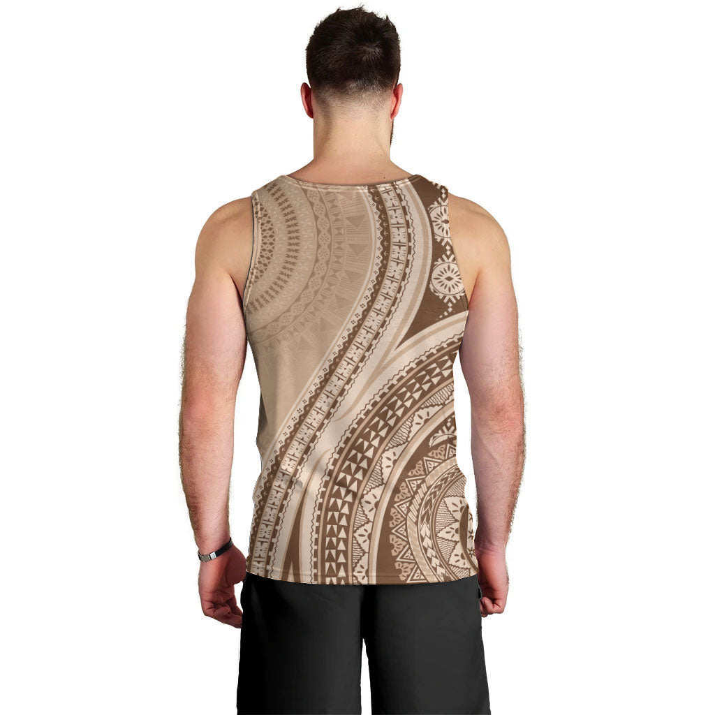 Bula Fiji Vintage Tapa Men Tank Top Kaivity Masi Wave Motifs - Mocha LT7 - Polynesian Pride