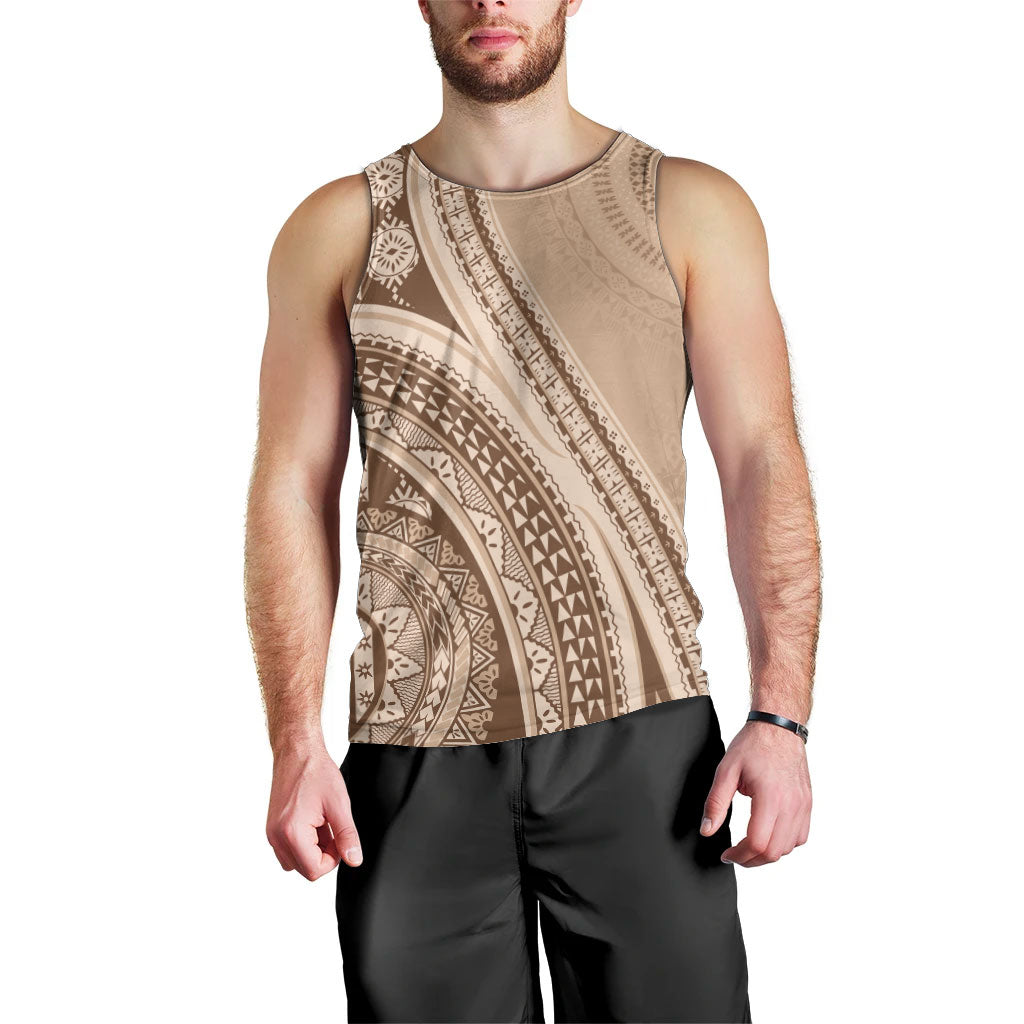 Bula Fiji Vintage Tapa Men Tank Top Kaivity Masi Wave Motifs - Mocha LT7 - Polynesian Pride