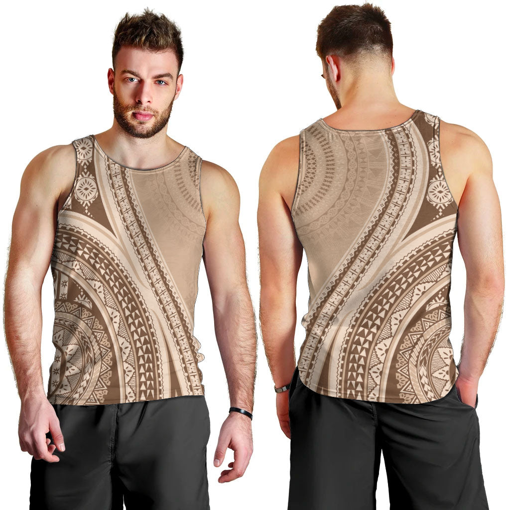 Bula Fiji Vintage Tapa Men Tank Top Kaivity Masi Wave Motifs - Mocha LT7 - Polynesian Pride