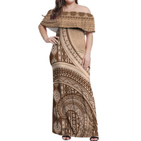 Bula Fiji Vintage Tapa Off Shoulder Maxi Dress Kaivity Masi Wave Motifs - Mocha LT7 Women Beige - Polynesian Pride