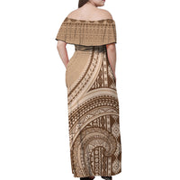 Bula Fiji Vintage Tapa Off Shoulder Maxi Dress Kaivity Masi Wave Motifs - Mocha LT7 - Polynesian Pride