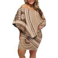 Bula Fiji Vintage Tapa Off Shoulder Short Dress Kaivity Masi Wave Motifs - Mocha LT7 Women Beige - Polynesian Pride