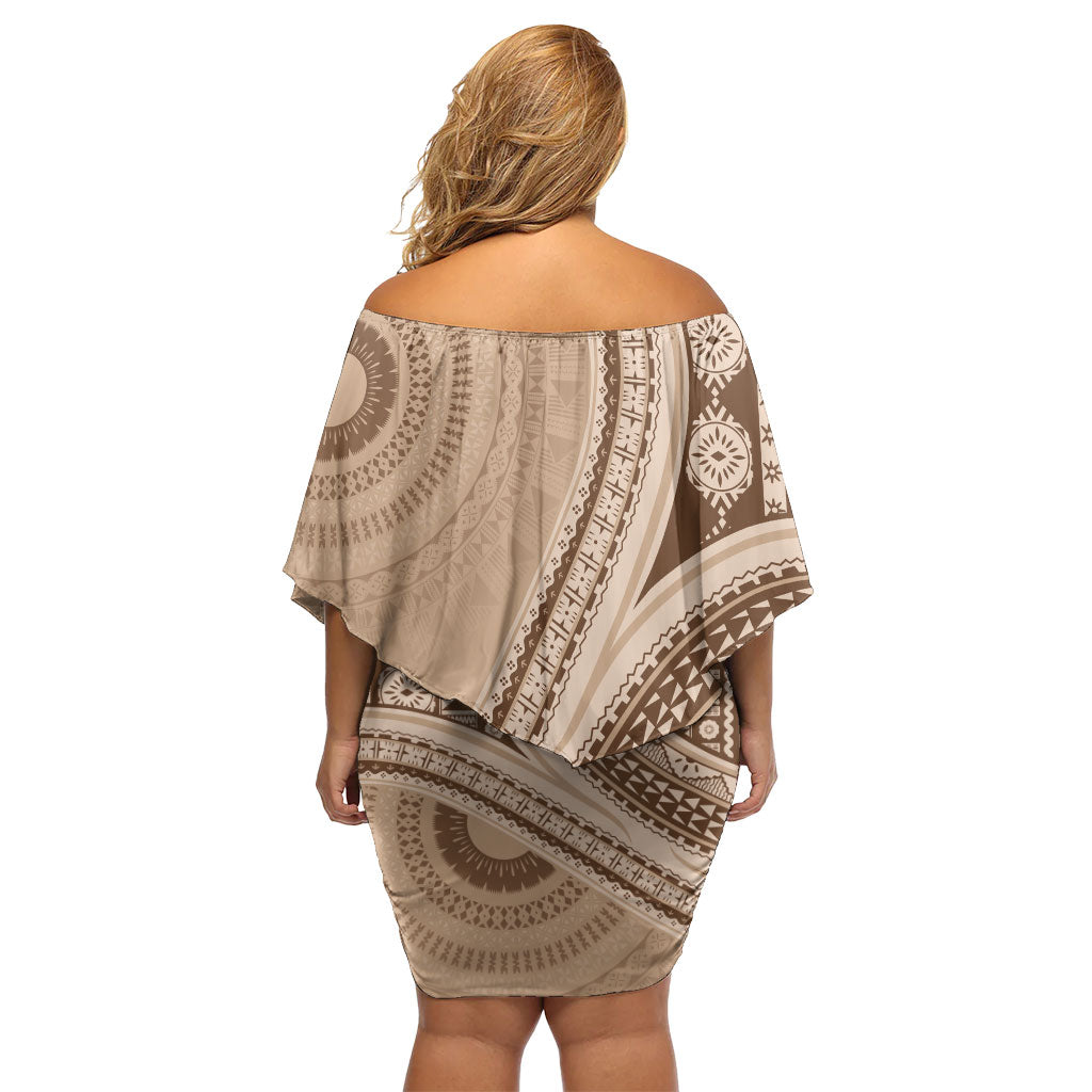 Bula Fiji Vintage Tapa Off Shoulder Short Dress Kaivity Masi Wave Motifs - Mocha LT7 - Polynesian Pride