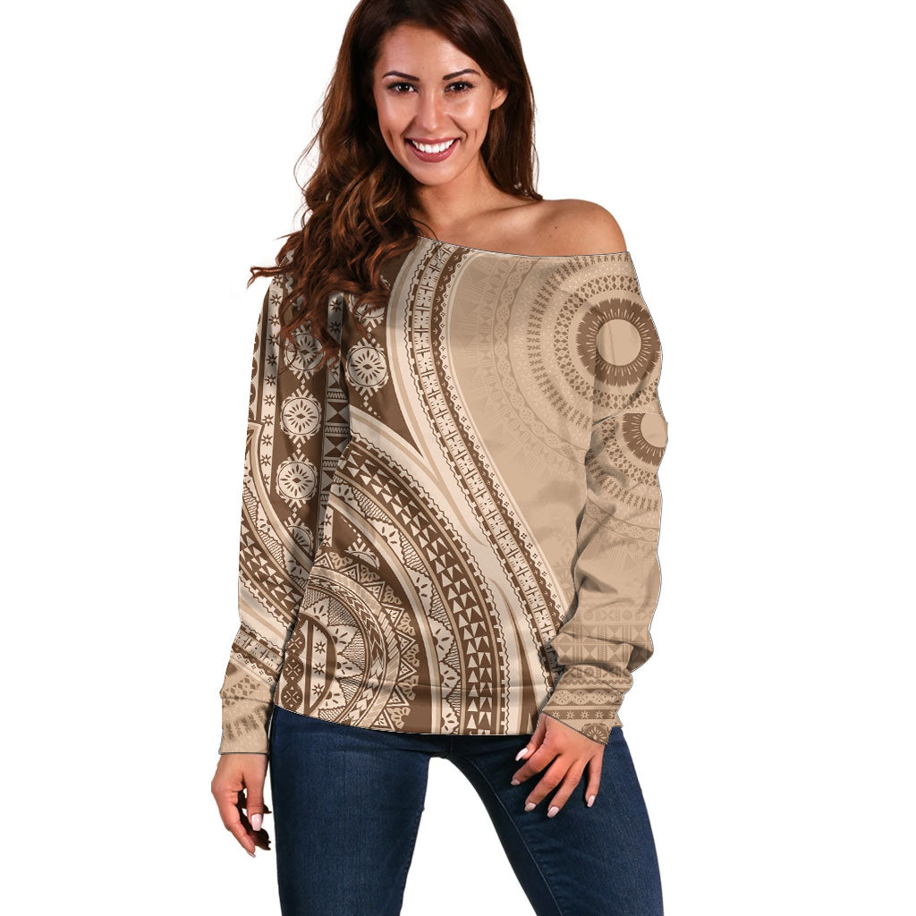 Bula Fiji Vintage Tapa Off Shoulder Sweater Kaivity Masi Wave Motifs - Mocha LT7 Women Beige - Polynesian Pride