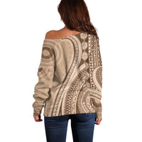 Bula Fiji Vintage Tapa Off Shoulder Sweater Kaivity Masi Wave Motifs - Mocha LT7 - Polynesian Pride