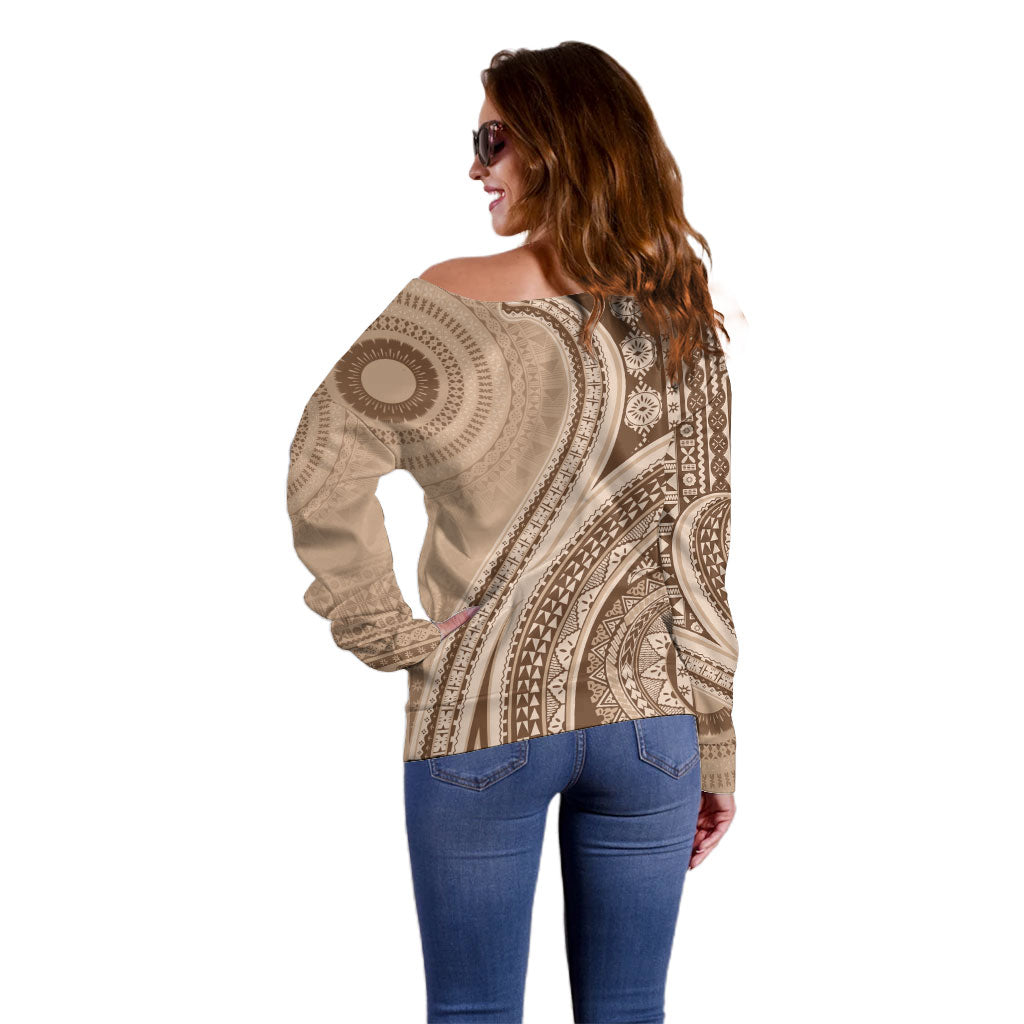 Bula Fiji Vintage Tapa Off Shoulder Sweater Kaivity Masi Wave Motifs - Mocha LT7 - Polynesian Pride