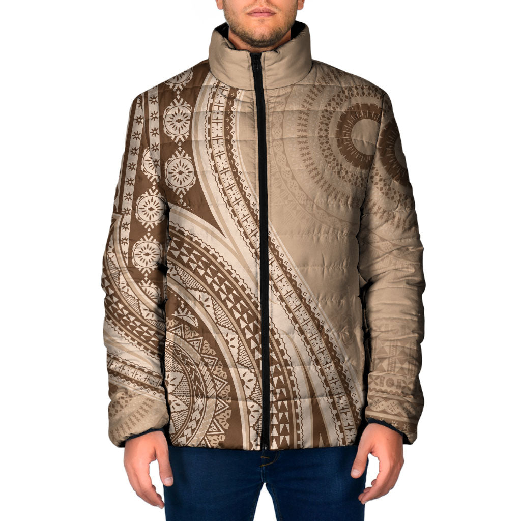 Bula Fiji Vintage Tapa Padded Jacket Kaivity Masi Wave Motifs - Mocha LT7 Men Beige - Polynesian Pride