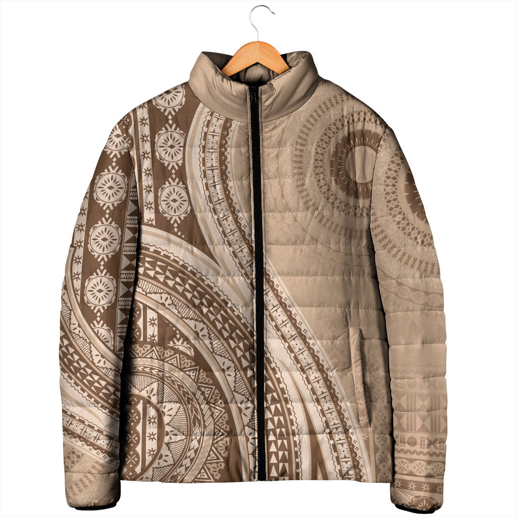 Bula Fiji Vintage Tapa Padded Jacket Kaivity Masi Wave Motifs - Mocha LT7 - Polynesian Pride