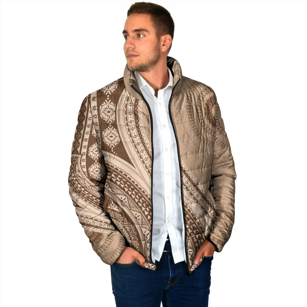 Bula Fiji Vintage Tapa Padded Jacket Kaivity Masi Wave Motifs - Mocha LT7 - Polynesian Pride