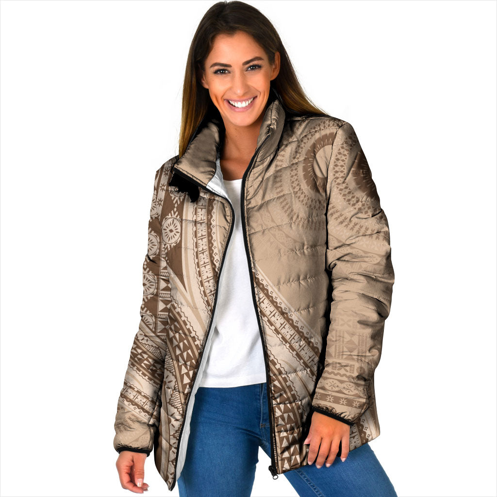 Bula Fiji Vintage Tapa Padded Jacket Kaivity Masi Wave Motifs - Mocha LT7 Women Beige - Polynesian Pride
