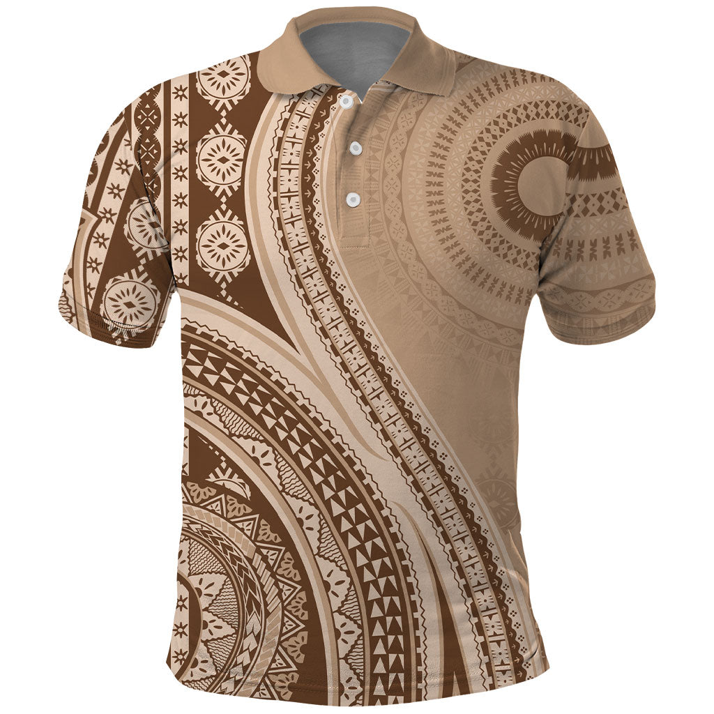 Bula Fiji Vintage Tapa Polo Shirt Kaivity Masi Wave Motifs - Mocha LT7 Beige - Polynesian Pride