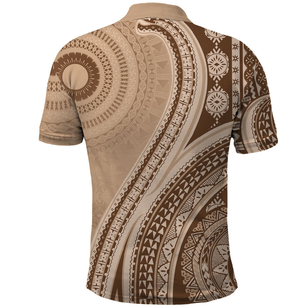 Bula Fiji Vintage Tapa Polo Shirt Kaivity Masi Wave Motifs - Mocha LT7 - Polynesian Pride