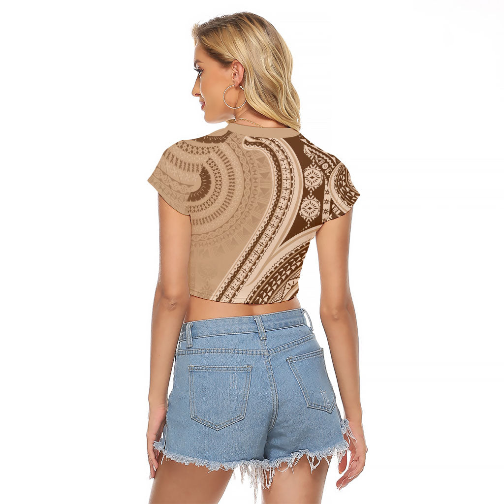 Bula Fiji Vintage Tapa Raglan Cropped T Shirt Kaivity Masi Wave Motifs - Mocha LT7 - Polynesian Pride