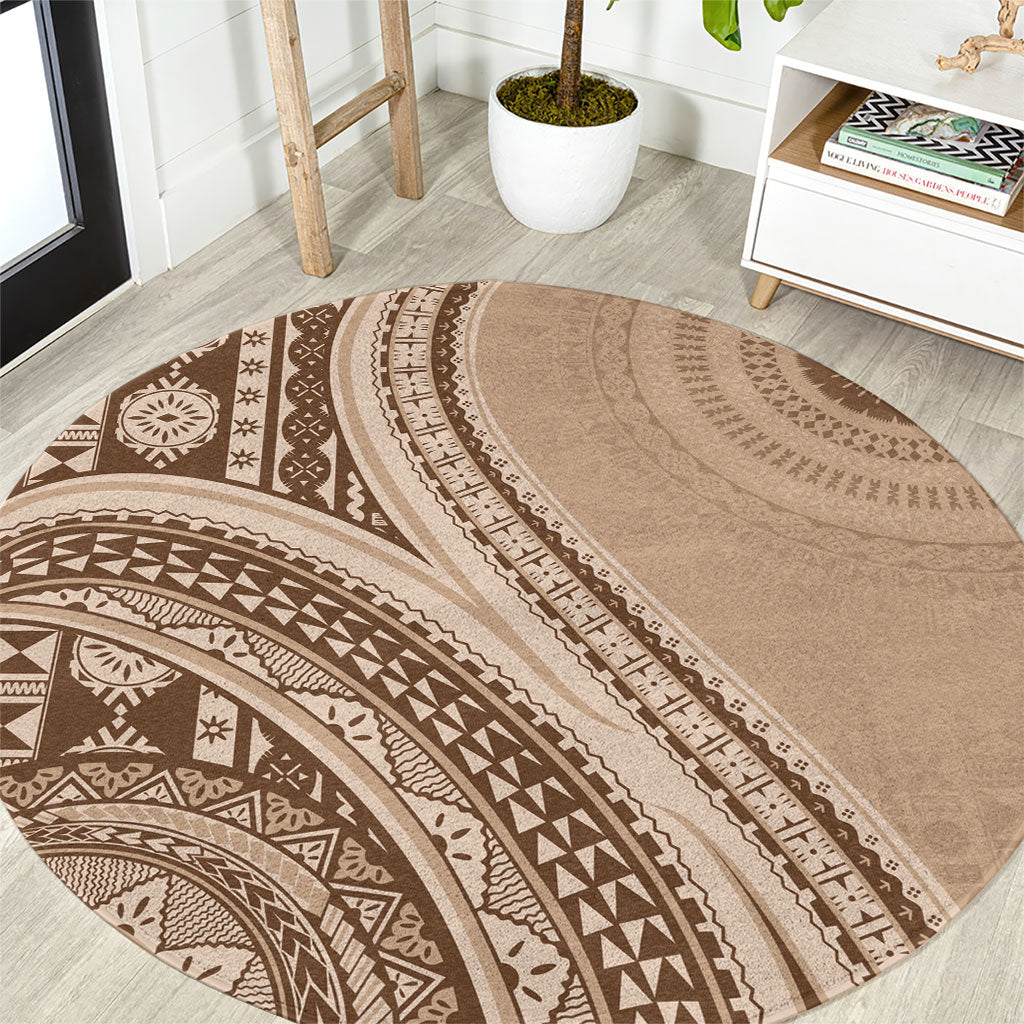 Bula Fiji Vintage Tapa Round Carpet Kaivity Masi Wave Motifs - Mocha