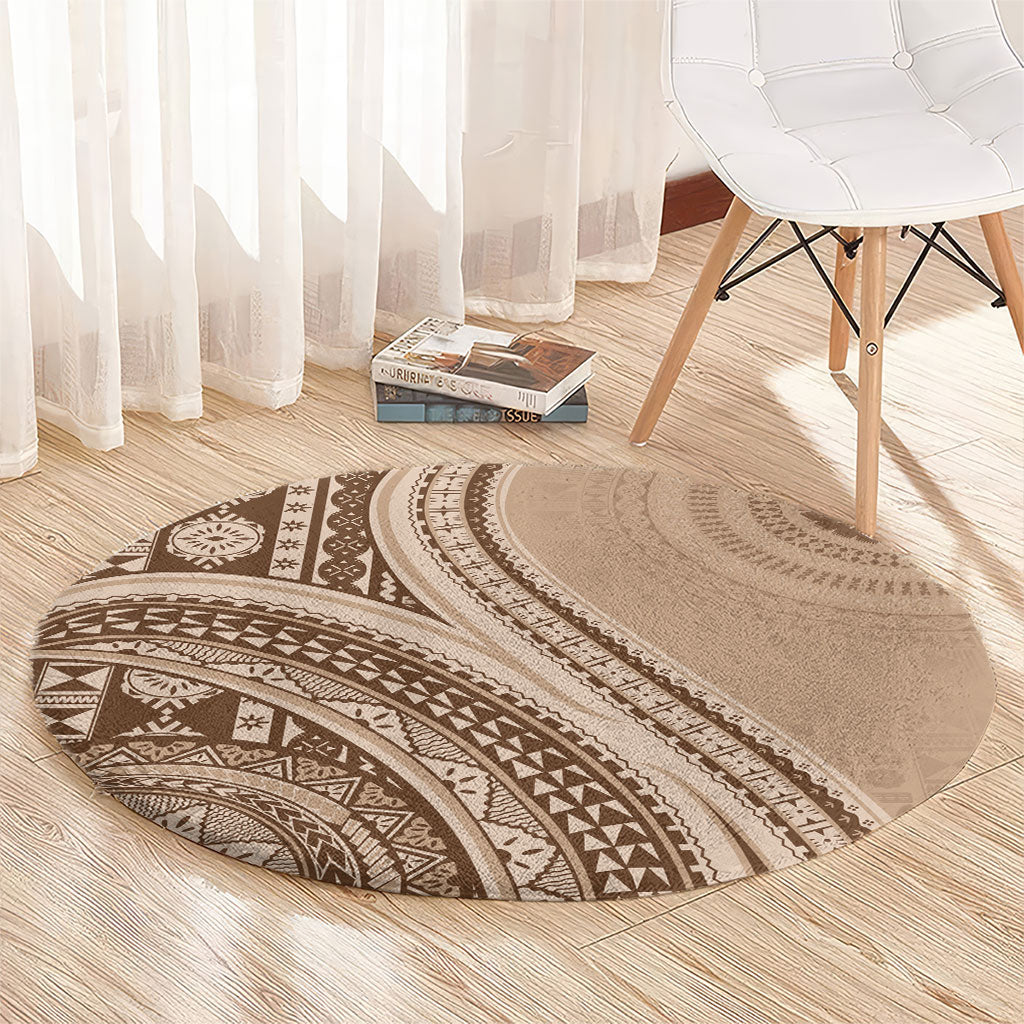 Bula Fiji Vintage Tapa Round Carpet Kaivity Masi Wave Motifs - Mocha