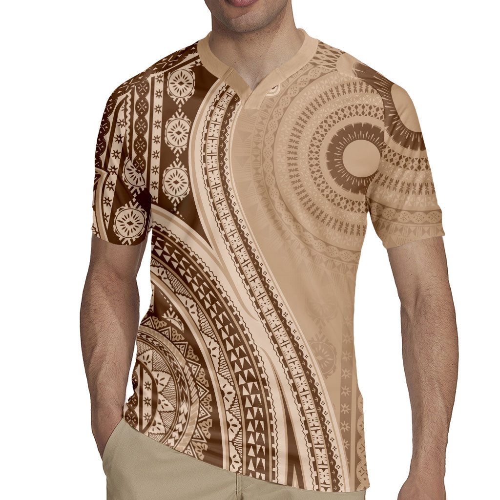 Bula Fiji Vintage Tapa Rugby Jersey Kaivity Masi Wave Motifs - Mocha LT7 - Polynesian Pride