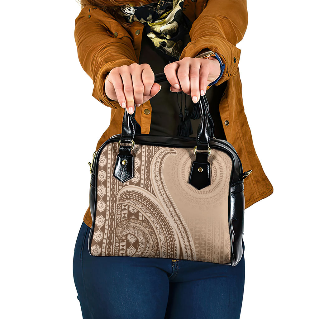 Bula Fiji Vintage Tapa Shoulder Handbag Kaivity Masi Wave Motifs - Mocha LT7 One Size Beige - Polynesian Pride