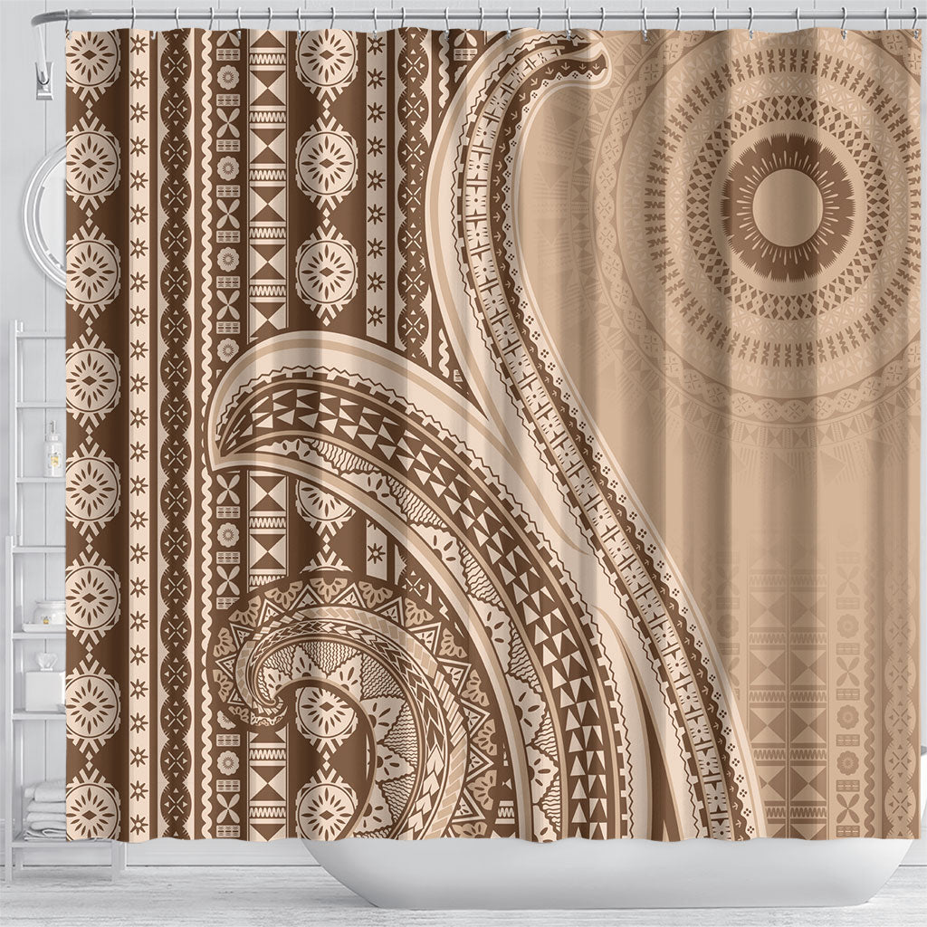 Bula Fiji Vintage Tapa Shower Curtain Kaivity Masi Wave Motifs - Mocha LT7 - Polynesian Pride