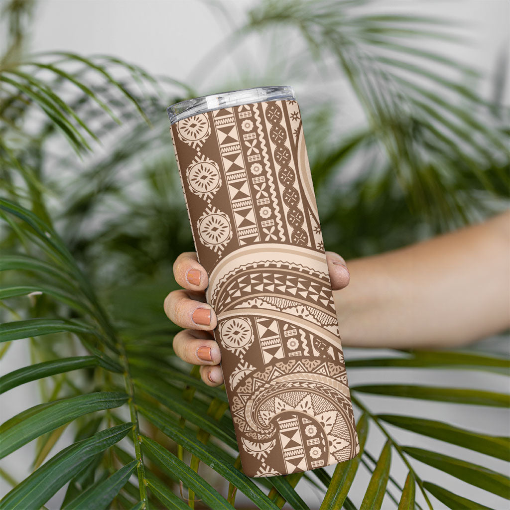Bula Fiji Vintage Tapa Skinny Tumbler Kaivity Masi Wave Motifs - Mocha