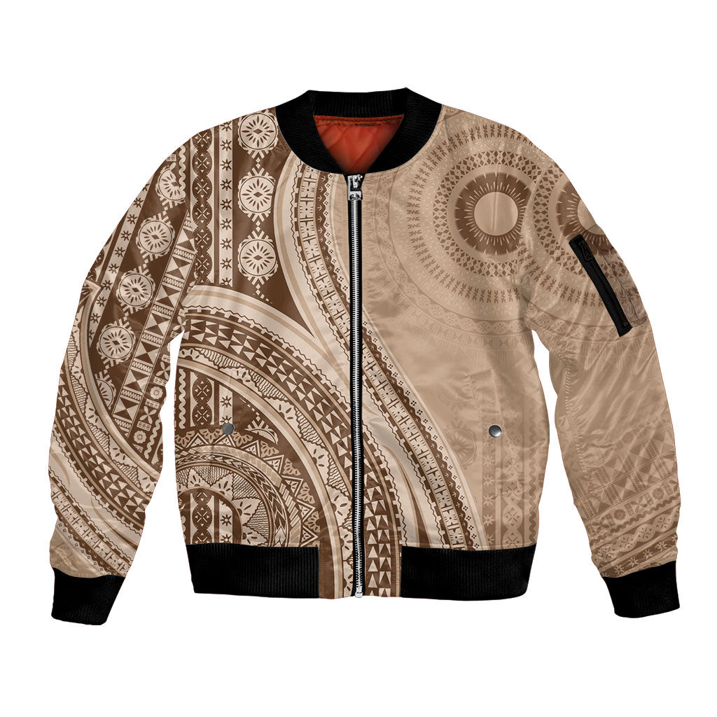 Bula Fiji Vintage Tapa Sleeve Zip Bomber Jacket Kaivity Masi Wave Motifs - Mocha LT7 Unisex Beige - Polynesian Pride