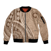 Bula Fiji Vintage Tapa Sleeve Zip Bomber Jacket Kaivity Masi Wave Motifs - Mocha LT7 Unisex Beige - Polynesian Pride