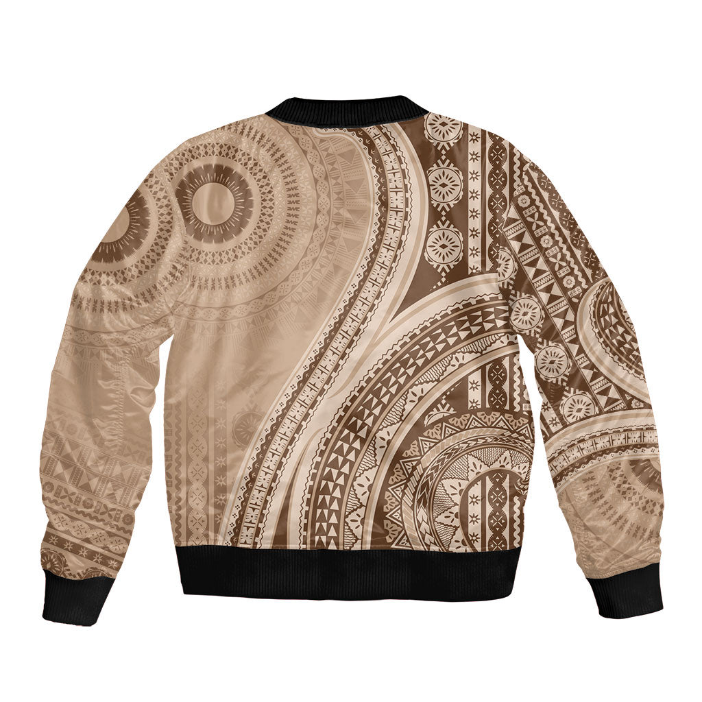 Bula Fiji Vintage Tapa Sleeve Zip Bomber Jacket Kaivity Masi Wave Motifs - Mocha LT7 - Polynesian Pride