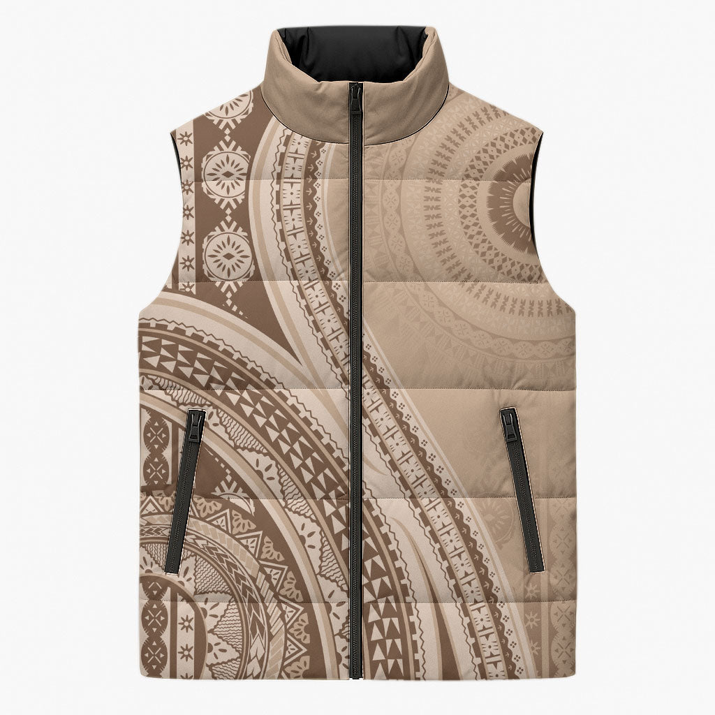Bula Fiji Vintage Tapa Sleeveless Puffer Jacket Kaivity Masi Wave Motifs - Mocha LT7 Unisex Beige - Polynesian Pride
