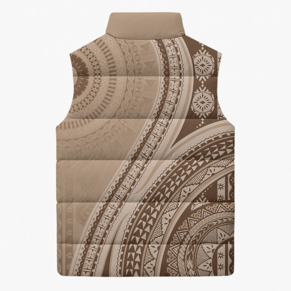 Bula Fiji Vintage Tapa Sleeveless Puffer Jacket Kaivity Masi Wave Motifs - Mocha LT7 - Polynesian Pride