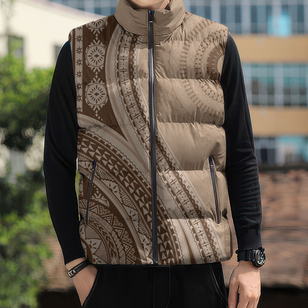 Bula Fiji Vintage Tapa Sleeveless Puffer Jacket Kaivity Masi Wave Motifs - Mocha LT7 - Polynesian Pride