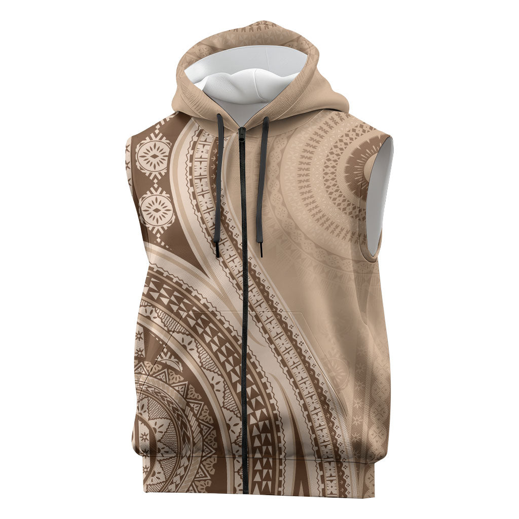 Bula Fiji Vintage Tapa Sleeveless Zip Hoodie Kaivity Masi Wave Motifs - Mocha LT7 Beige - Polynesian Pride