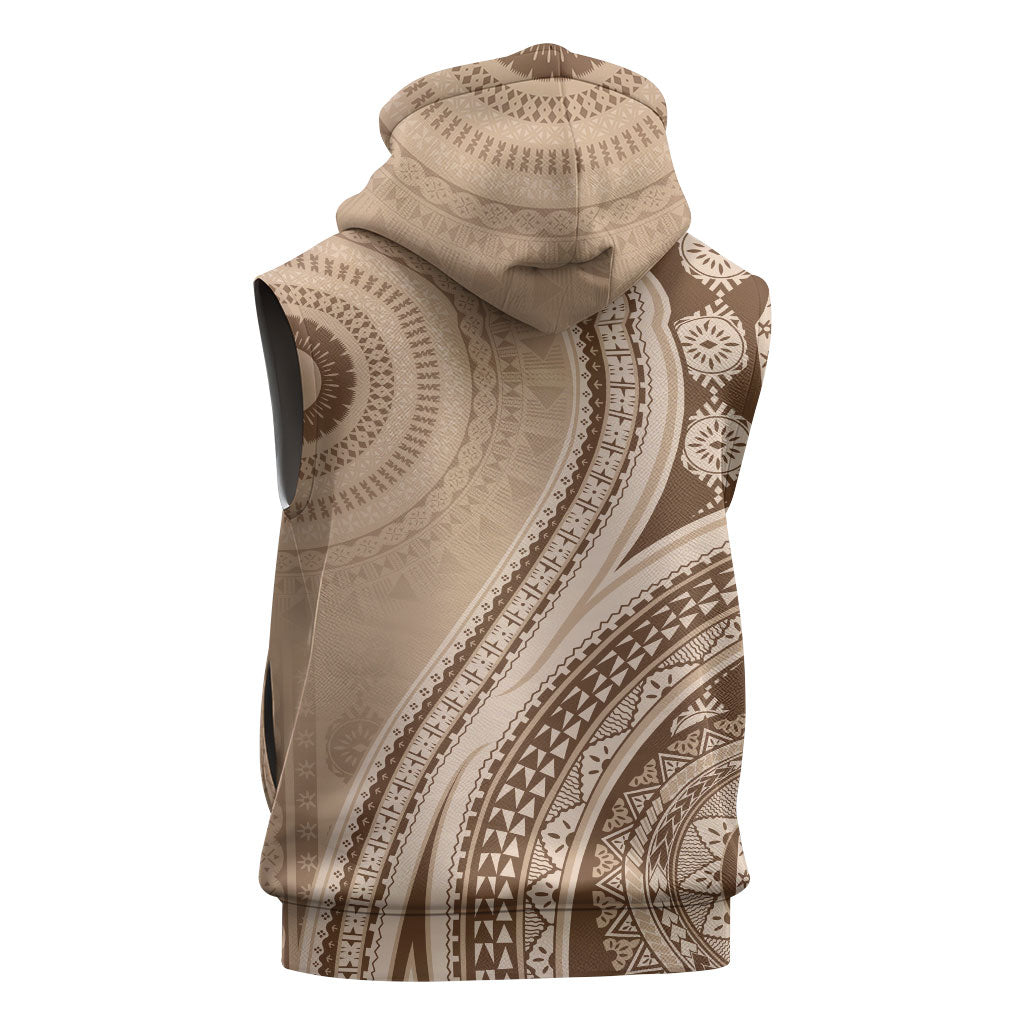 Bula Fiji Vintage Tapa Sleeveless Zip Hoodie Kaivity Masi Wave Motifs - Mocha LT7 - Polynesian Pride