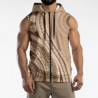 Bula Fiji Vintage Tapa Sleeveless Zip Hoodie Kaivity Masi Wave Motifs - Mocha LT7 - Polynesian Pride