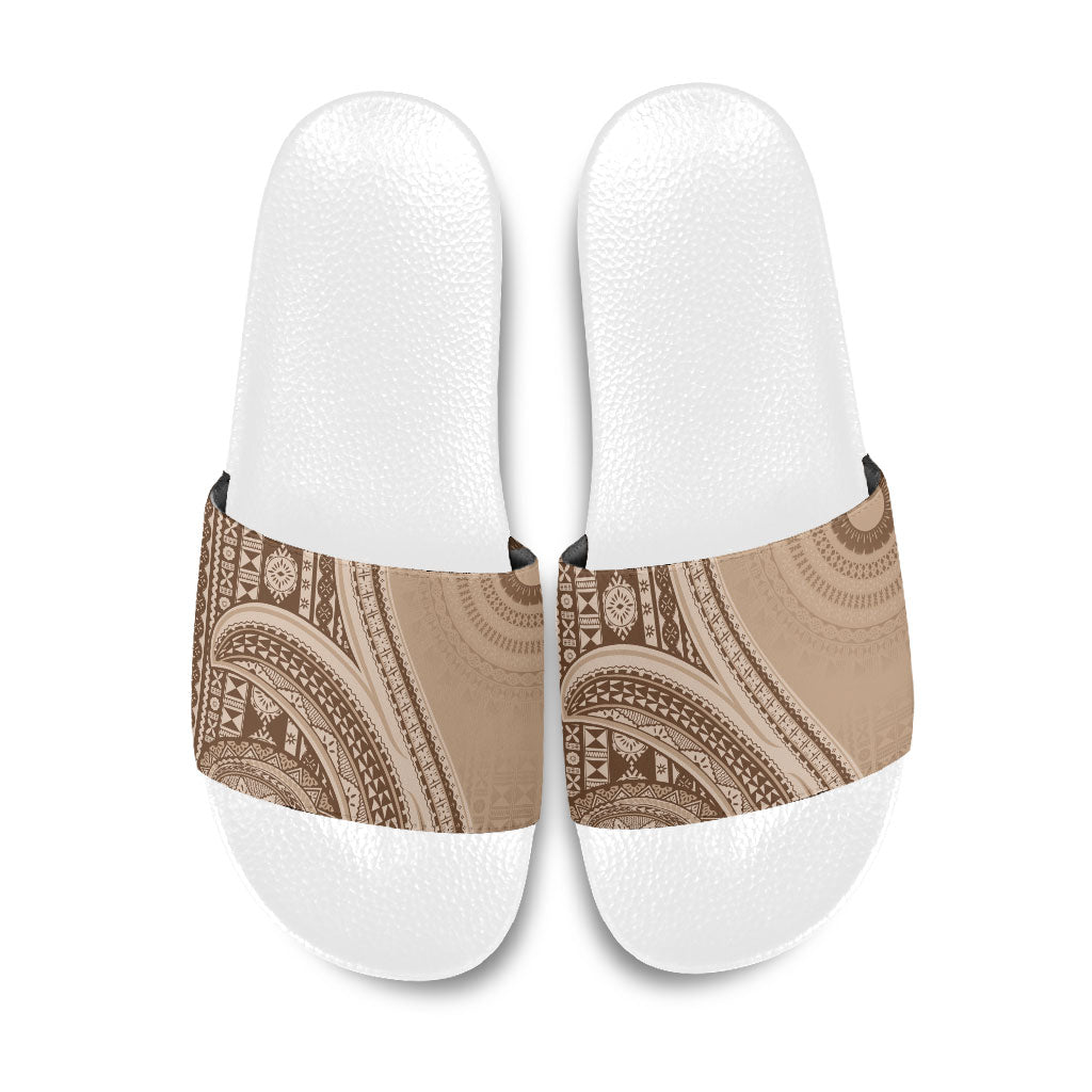 Bula Fiji Vintage Tapa Slide Sandals Kaivity Masi Wave Motifs - Mocha LT7 Beige - Polynesian Pride