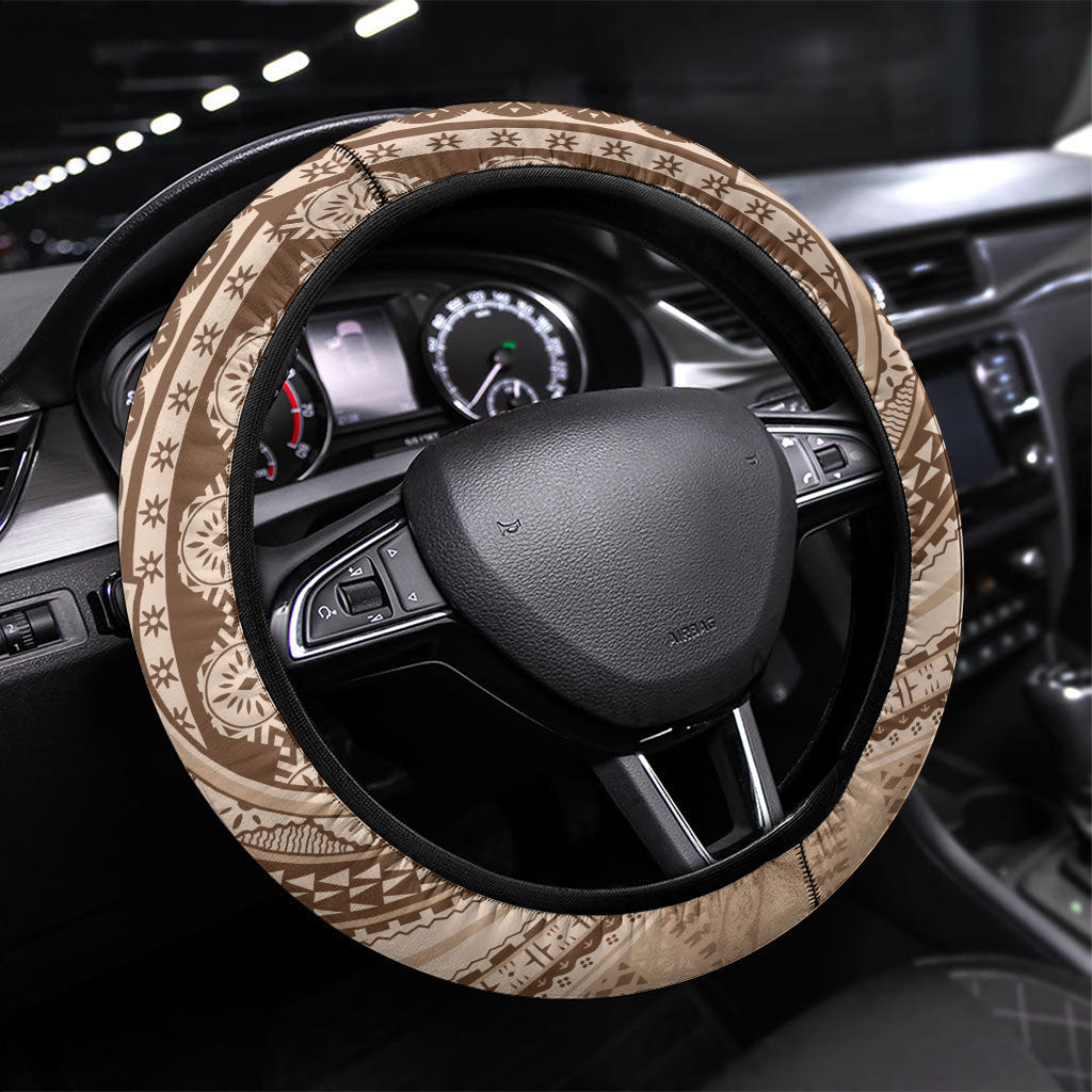 Bula Fiji Vintage Tapa Steering Wheel Cover Kaivity Masi Wave Motifs - Mocha LT7 Universal Fit Beige - Polynesian Pride