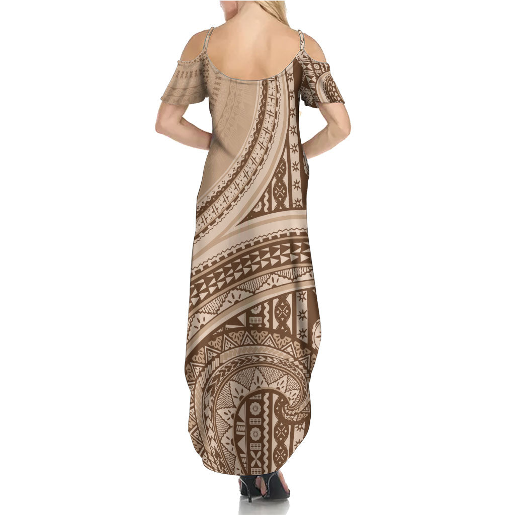 Bula Fiji Vintage Tapa Summer Maxi Dress Kaivity Masi Wave Motifs - Mocha LT7 - Polynesian Pride