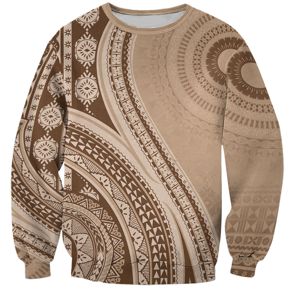 Bula Fiji Vintage Tapa Sweatshirt Kaivity Masi Wave Motifs - Mocha LT7 Unisex Beige - Polynesian Pride