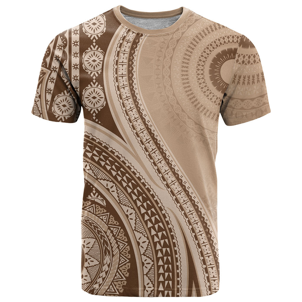 Bula Fiji Vintage Tapa T Shirt Kaivity Masi Wave Motifs - Mocha LT7 Beige - Polynesian Pride