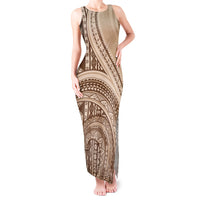 Bula Fiji Vintage Tapa Tank Maxi Dress Kaivity Masi Wave Motifs - Mocha LT7 Women Beige - Polynesian Pride