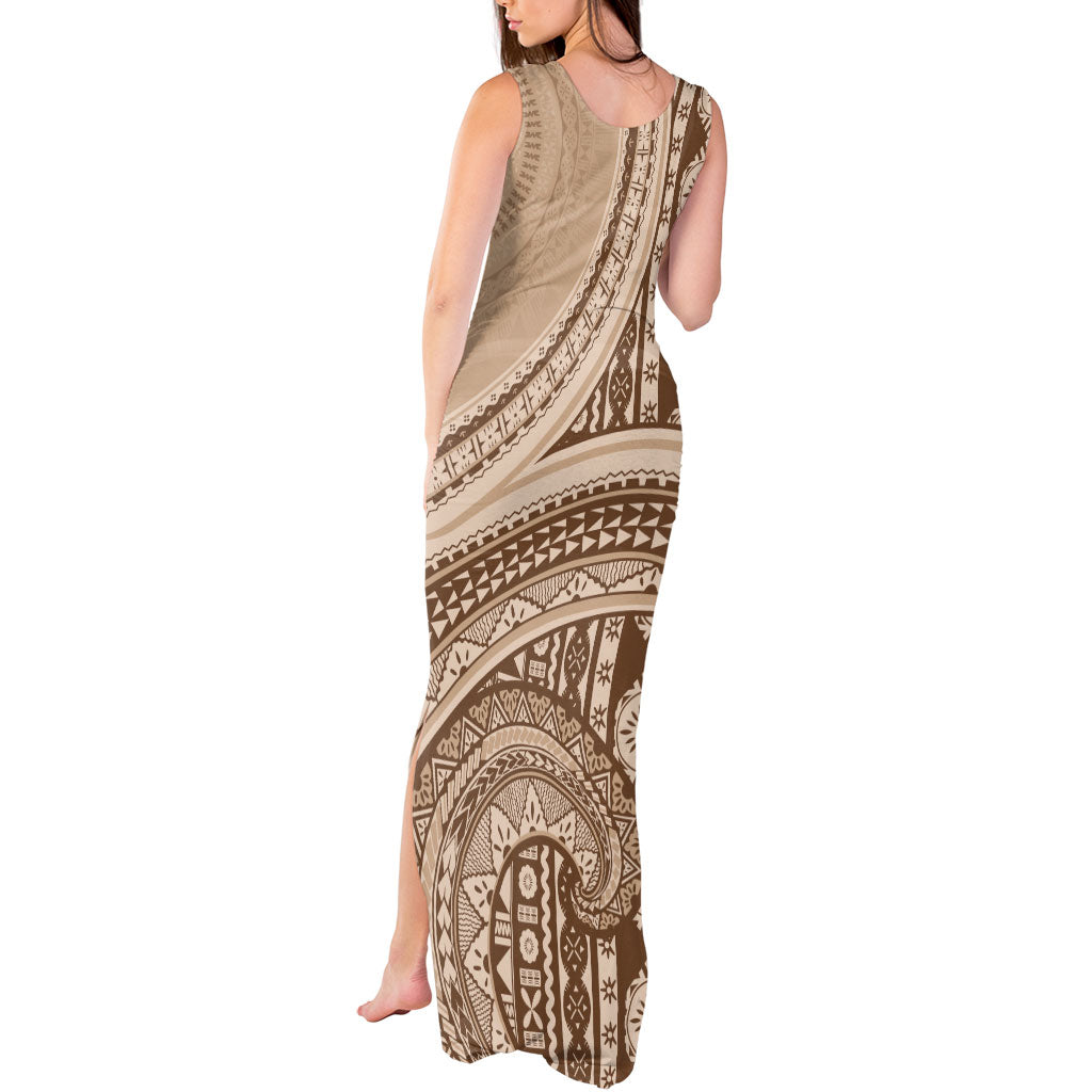 Bula Fiji Vintage Tapa Tank Maxi Dress Kaivity Masi Wave Motifs - Mocha LT7 - Polynesian Pride