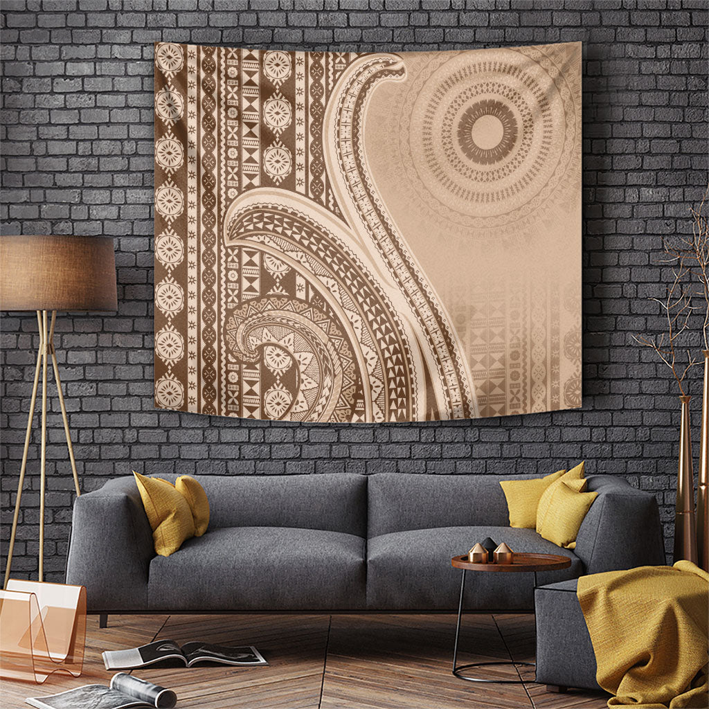 Bula Fiji Vintage Tapa Tapestry Kaivity Masi Wave Motifs - Mocha LT7 Beige - Polynesian Pride