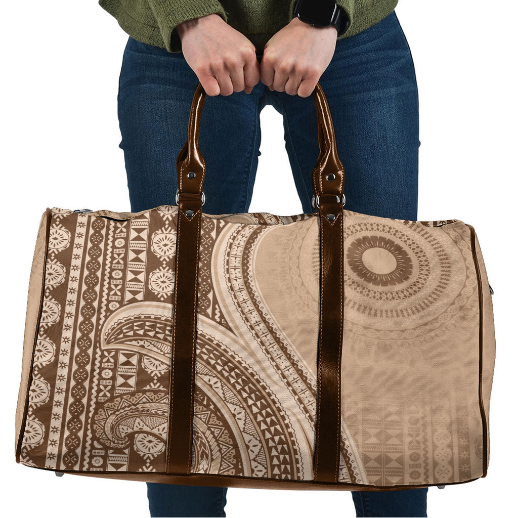 Bula Fiji Vintage Tapa Travel Bag Kaivity Masi Wave Motifs - Mocha LT7 Beige - Polynesian Pride