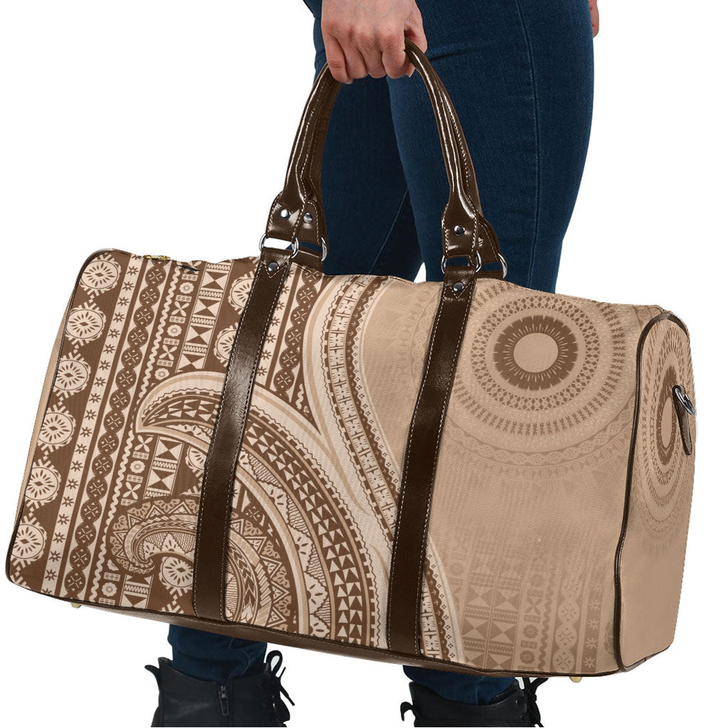 Bula Fiji Vintage Tapa Travel Bag Kaivity Masi Wave Motifs - Mocha LT7 - Polynesian Pride