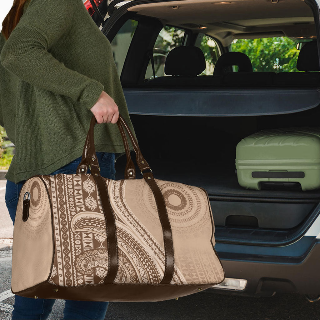 Bula Fiji Vintage Tapa Travel Bag Kaivity Masi Wave Motifs - Mocha LT7 - Polynesian Pride