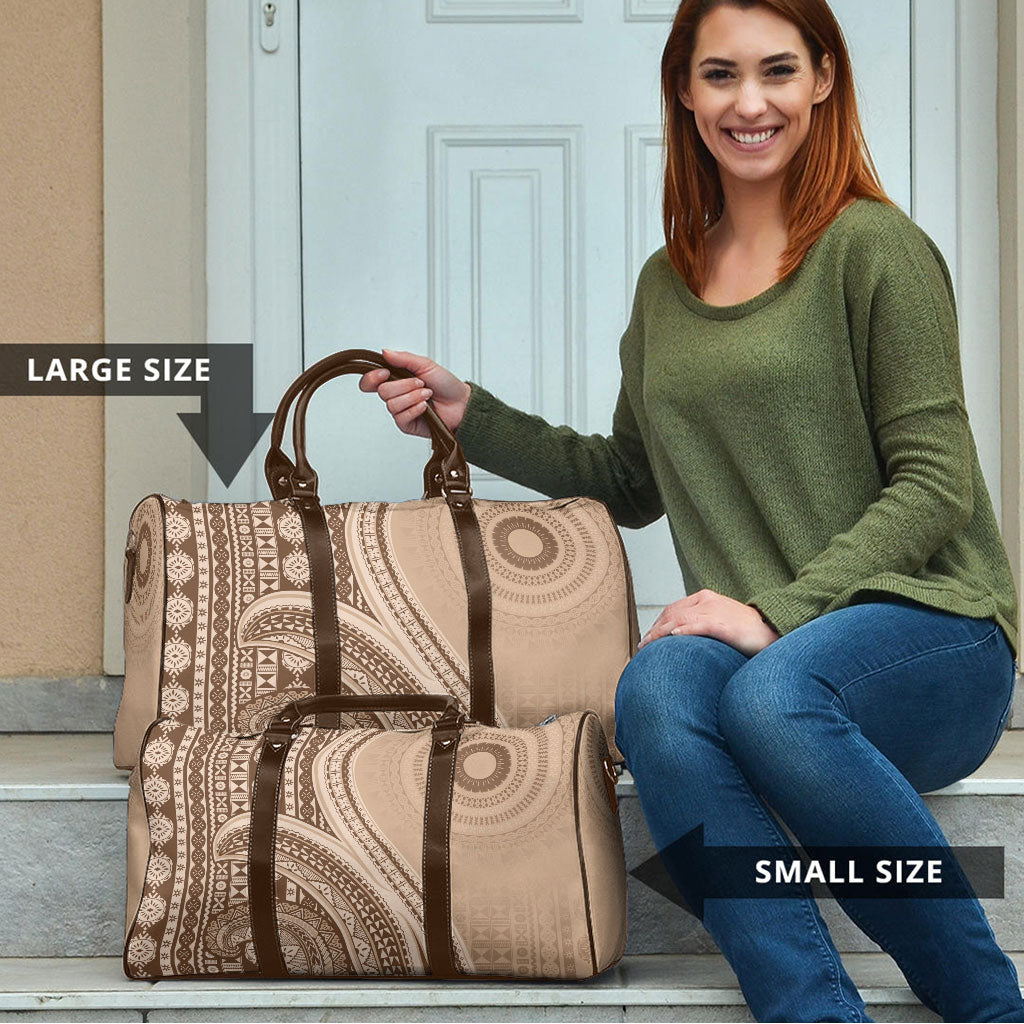 Bula Fiji Vintage Tapa Travel Bag Kaivity Masi Wave Motifs - Mocha LT7 - Polynesian Pride